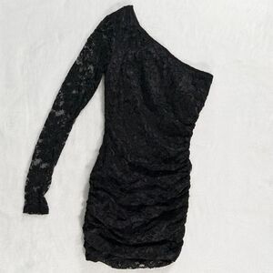 Forever 21 Little black dress one shoulder lace sleeve bodycon Small